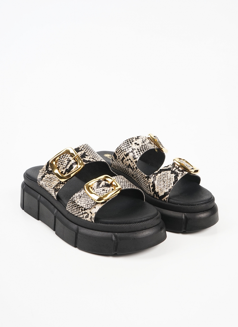 ΓΥΝΑΙΚΕΙΑ ΔΕΡΜΑΤΙΝΑ ΣΑΝΔΑΛΙΑ FLATFORM ΜΕ ΜΕΤΑΛΛΙΚΕΣ ΑΓΚΡΑΦΕΣ